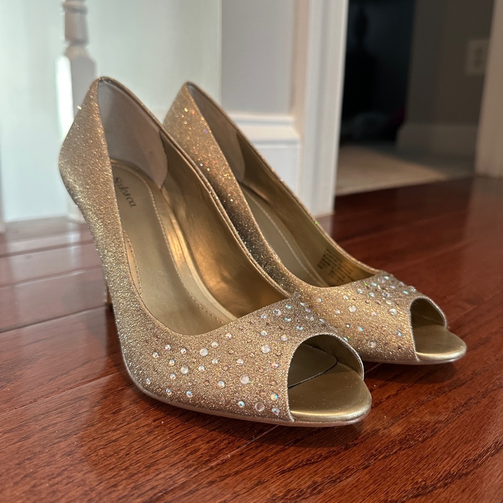 Style & Co Gold Glitter Peep-Toe Heels